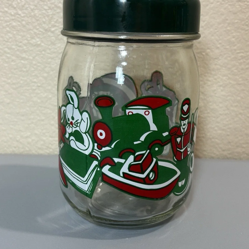 Anchor Hocking Christmas Canister Candy Jar Glass Green Lid Holiday Toys 1980's